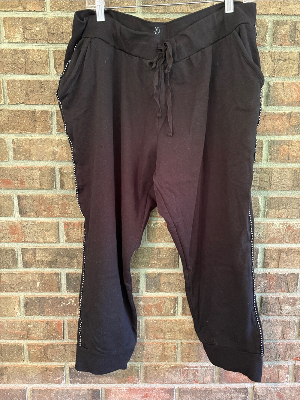 New York & Company Black Cropped Sweatpants with Side Stud Trim